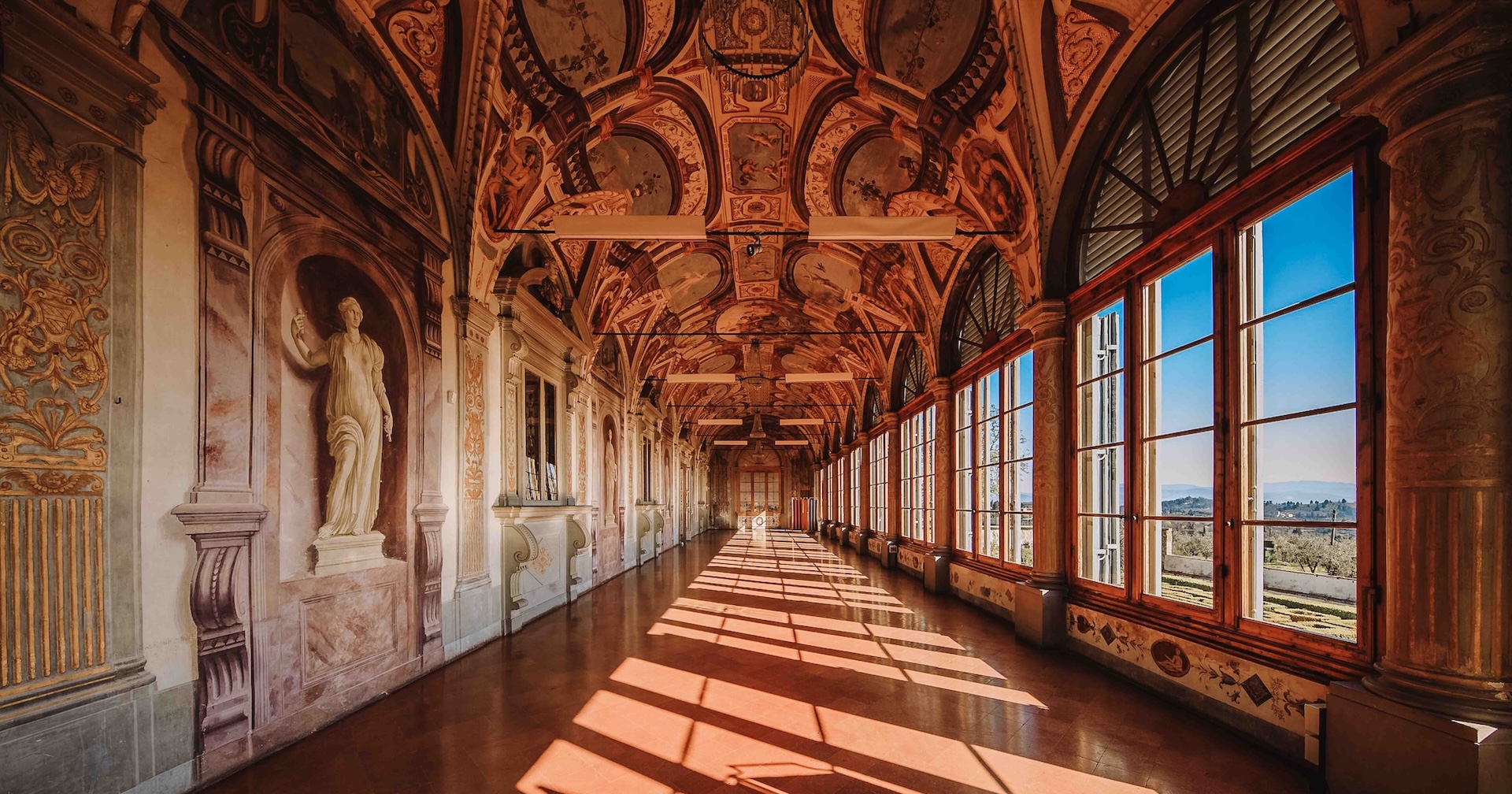 Stunning view of the Tuscan countryside from the room of Villa Corsini a Mezzomonte: Reinassance wedding venue set on the rolling hills just outside Florence in Tuscany.