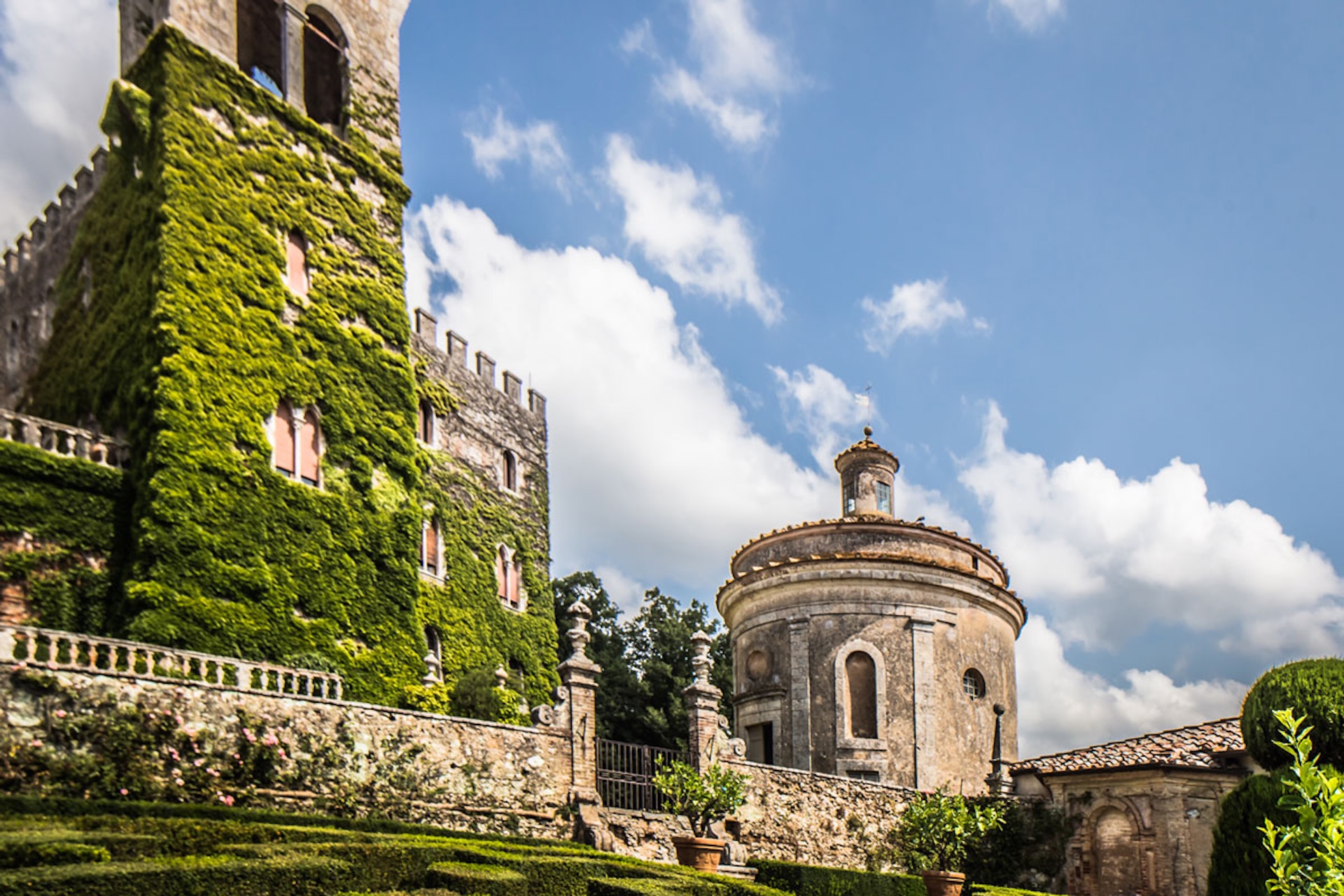 The facade and the external spaces of Castello di Celsa in Tuscany