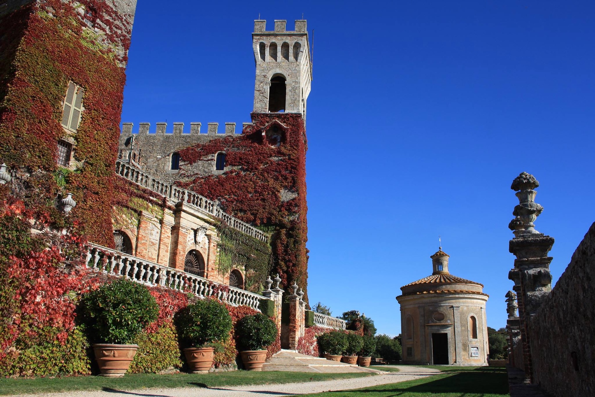 The facade and the external spaces of Castello di Celsa in Tuscany
