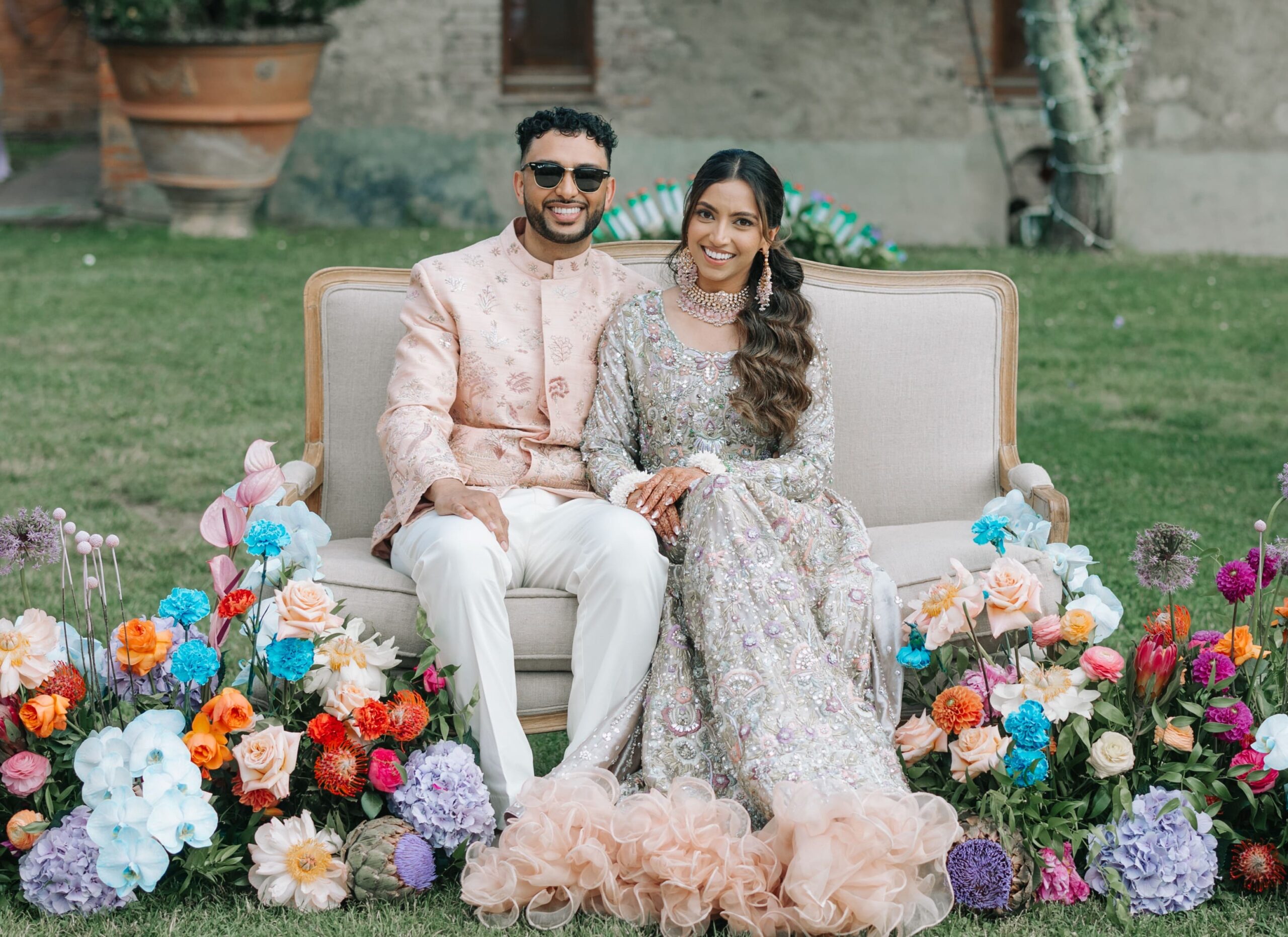 The bride and groom on a bench
