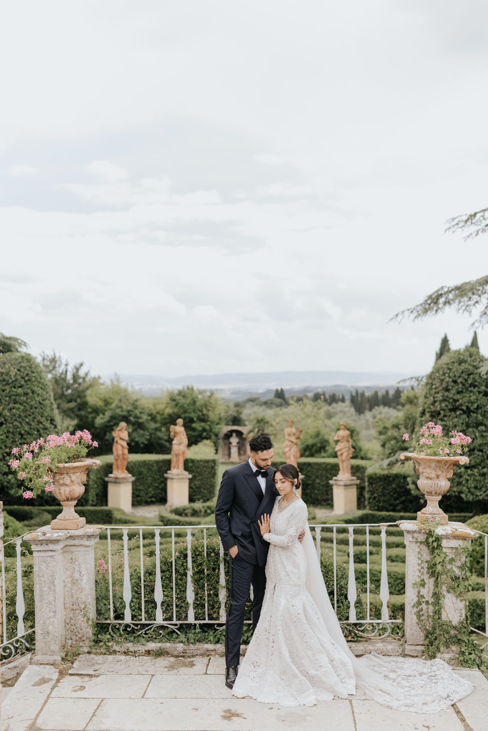 Bride and groom in the garden for their Bespoke Indian wedding in Tuscany