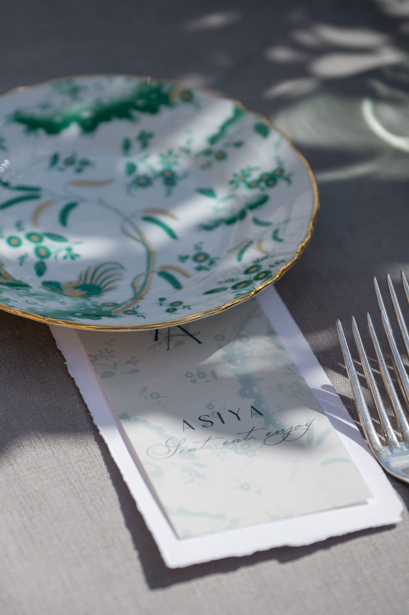 A detail of an elegant wedding mise en place